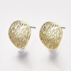 Light Gold Alloy Stud Earring Findings, with Loop, Textured, Flat Round, Light Gold, 12x11mm, Hole: 4mm, Pin: 0.8mm