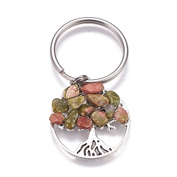 Mixed Stone Natural & Synthetic Mixed Stone Keychain, with Stainless Steel Split Rings and Alloy Pendant, Flat Round with Tree of Life, 55mm, Pendant: 28x25.5x5~6mm, 9pcs/set