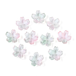 Pink Расписные прозрачные стеклянные шапочки для запекания, 5-лепестков цветка, с блеском порошок, розовые, 12~12.5x4.5~5 мм, отверстие : 1.2~1.4 мм, Около 1750 шт / 1000 г