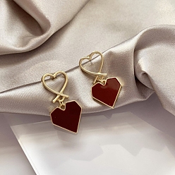Dark Red Alloy Enamel Dangle Earrings for Women, with 925 Sterling Silver Pins, Heart, Dark Red, 18x12mm