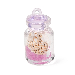 Lilac Transparent Resin & Natural Shell Pendants, Wishing Bottle with Conch Charms, Lilac, 29x15mm, Hole: 1.8mm