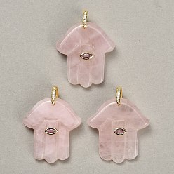 Rose Quartz Natural Rose Quartz Carved Pendants, Religion Hamsa Hand Charms, with Brass Pave Cubic Zirconia Findings, Golden, 36.5~39x33~35x8~9mm, Hole: 6.5x8mm