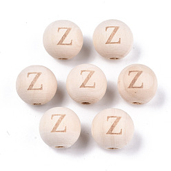 Letter Z Unfinished Natural Wood European Beads, Large Hole Beads, Laser Engraved Pattern, Round with Word, Letter.Z, 15~16x14~15mm, Hole: 4mm