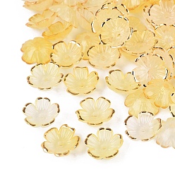 Champagne Yellow Plastic Bead Caps, 5-Petal Flower, Two Tone, Golden Metal Enlaced, Champagne Yellow, 10~11x10~11x4mm, Hole: 1.6mm, about 2140pcs/bag