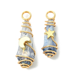 Золотой 2шт. подвески из гальванизированной натуральной кварцевой хрустали, обернутые медной проволокой, подвески-слезинки с латунной звездой и луной, золотые, 28~37x9.5~15.5x7.5~16 мм, отверстие : 3.5~4 мм