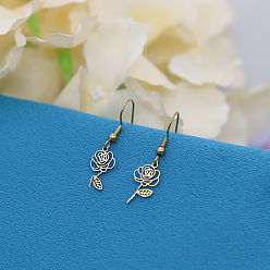 Golden 304 Stainless Steel Flower Dangle Earrings for Women, Golden, 34x8mm