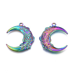 Rainbow Color Ion Plating(IP) 201 Stainless Steel Pendants, Moon with Flower, Rainbow Color, 30x26.5x3mm, Hole: 2mm