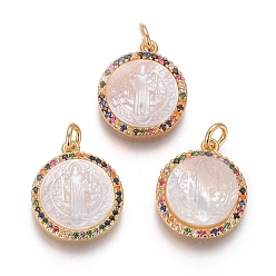 Золотой Латунные подвески, с микро проложить кубического циркония, раковины и прыжковые кольца, плоские круглые с святым Бенедиктом, красочный, золотые, 18x15x3 мм, отверстие : 3 мм