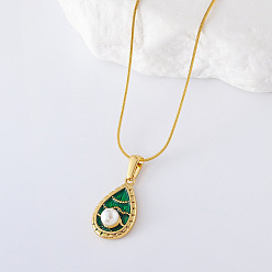 Золотой 3 шт. французская винтажная нержавеющая сталь зеленая эмаль паве имитация жемчуга каплевидная подвеска элегантные ожерелья для женщин, золотые, 15.75 дюйм (40 см)