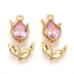Pink Латунные микро проложить кубического циркония подвески, , долговечный, без никеля , реальный 18 k позолоченный, розовые, 21x11x4.5 мм, отверстие : 1.5 мм