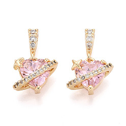 Бледно-Розовый Латунные микро проложить кубического циркония прелести, без кадмия, без никеля и без свинца, сердце, реальный 18 k позолоченный, розовый жемчуг, 11x12x7.5 мм, отверстие : 4.5x2.5 мм