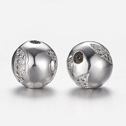 Platinum Brass Micro Pave Cubic Zirconia Beads, Round, Clear, Platinum, 9.7mm, Hole: 2.3mm