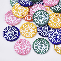 Mixed Color Spray Paint Freshwater Shell Pendants, Printed, Flat Round with Daisy Flower, Mixed Color, 19.5~20.5x2~3mm, Hole: 1.4~1.8mm