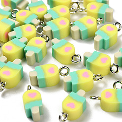 Желтый Подвески из полимерной глины ручной работы, с железной фурнитурой, желтые, 14x6x5 мм, отверстие : 1.8 мм