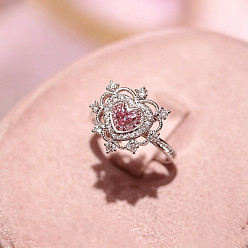 Pearl Pink Alloy Micro Pave Cubic Zirconia Finger Rings for Women, Heart, Platinum, Pearl Pink, US Size 7(17.3mm)