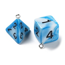 Deep Sky Blue 7Pcs 7 Styles Opaque Resin Polyhedral Dice Pendants Set, Multi-Sided Dice Charms with Platinum Plated Iron Loops, Mixed Shapes, Deep Sky Blue, 20~28x19~24x17~24mm, Hole: 2mm, 1pc/style