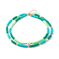 Pale Green Polymer Clay Beaded Necklaces, with Pearl Beads and Brass Spacer Beads, Pale Green, 19.09 inch(485mm), 16.93 inch(430mm, 2pcs/set