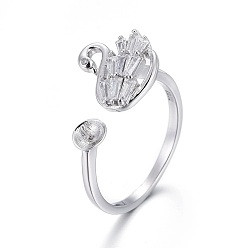 Platinum Rhodium Plated 925 Sterling Silver Cuff Rings, Design Ring Mounts Fittings with Pearl Seat, For Half Drilled Beads, with Cubic Zirconia, with 925 Stamp, Swan, Platinum, Size 6, 16.5mm, Tray: 3.5mm, Pin: 0.8mm
