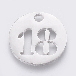 Number Не тускнеющие 304 подвески из нержавеющей стали, отрезать, полый, плоские круглые с номером, цвет нержавеющей стали, кол. 18, 19x1.5 мм, отверстие : 2.5 мм