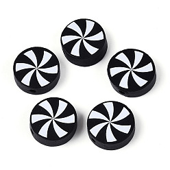 Черный Окрашенные распылением деревянные бусины Schima, печатные бисера, плоско-круглые, чёрные, 19.5~20x6.5~7 мм, отверстие : 2 мм