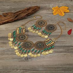Изумруд Комплекты из плоских круглых подвесок из сплава со стразами и серег-подвесок для женщин, античное золото , изумруд, 530 мм