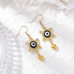 Черный Серьги-подвески из стеклянных бусин в форме сердца с дурным глазом, золотые, cmолой, чёрные, 53.5x16.5 мм