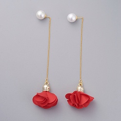 Red Stud Earrings, with Cloth Pendant, Real 18K Gold Plated Brass Stud Earring Findings, Ear Threads and Acrylic Imitation Pearl Ear Nuts, Flower, Red, 100mm, Pin: 0.6mm