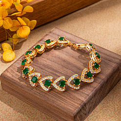 Золотой Винтажные латунные браслеты-цепочки в форме сердца с микропаве из прозрачных кубических цирконий для женщин, со стеклом, золотые, внутренний диаметр: 7-1/8 дюйм (18 см)