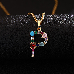 Letter P Ожерелья с подвесками-инициалами из латуни и разноцветными кубическими цирконами для женщин, золотые, Письмо P, 19.69 дюйм (50 см)