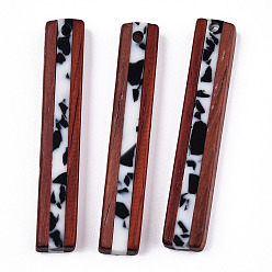 White Opaque Resin & Wood Pendants, Two-Tone, Rectangle Charm, Black, White, 45~47x7~9x4.5mm, Hole: 2mm