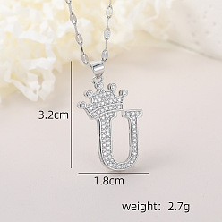 Letter U Хип-хоп латунные микропаве кубические цирконии корона инициал подвеска ожерелья, 304 ожерелья из нержавеющей стали с цепочкой для женщин, платина, Буква U, 15.75 дюйм (40 см)