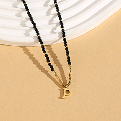 Letter P Женское ожерелье с подвеской из натуральной черной шпинели в форме круглой граненой буквы «Инициал» из нержавеющей стали, золотые, Письмо P, 14.96 дюйм (38 см)