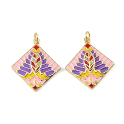 Real 18K Gold Plated Brass Micro Pave Clear Cubic Zirconia Pendants, with Enamel, Rhombus with Leaf Flower, Colorful, Real 18K Gold Plated, 26.5x24x4mm, Hole: 3mm