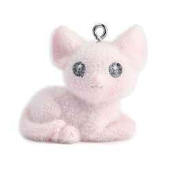 Cat Shape Подвески из флокированной смолы с животной тематикой, с платиновым тоном железная петля, форма кошки, 28x32x18 мм, отверстие : 2 мм