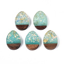 Бледно-бирюзовый Подвески из непрозрачной смолы и орехового дерева, слезинки, с блестящей пудрой и золотой фольгой, бледные бирюзовая, 17.5x13x3 мм, отверстие : 2 мм