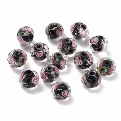 Black Handmade Gold Sand Lampwork Beads Strands, Inner Flower, Faceted Rondelle, Black, 9~10x7~8mm, Hole: 1.5~2mm, about 60pcs/strand, 17.3 inch