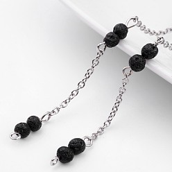 Black Handmade Round Lava Rock Beads Chains for Necklaces Bracelets Making, with 316 Surgical Stainless Steel Cable Chains, Unwelded, Black, 39.37 inch(1m)