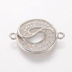 Platinum Brass Micro Pave Cubic Zirconia Links, Flat Round, Platinum, 21x15.5x3mm, Hole: 1mm