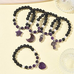 Mixed Shapes Браслеты с подвесками из натурального аметиста, лавового камня и жемчуга из ракушек., круглые браслеты из бисера для женщин, С немагнитным синтетическим гематитом, разнообразные, внутренний диаметр: 2.17 дюйм (5.5 см)