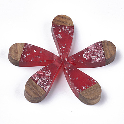 Crimson Resin & Walnut Wood Pendants, with Foil, teardrop, Crimson, 40.5x16.5x9.5mm, Hole: 3.5mm