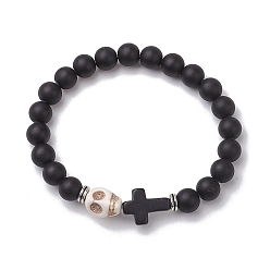 Черный Браслеты из синтетической бирюзы с черепом и крестиком на Хэллоуин, 8.5круглые эластичные браслеты из стеклянных бусин диаметром мм, чёрные, внутренний диаметр: 2 дюйм (5.2 см)