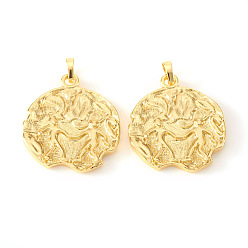 Близнецы Латунные подвески, , плоский круглый с созвездием / знак зодиака, реальный 18 k позолоченный, Близнецы, 31.5~34x28~29x3~4 мм, отверстие : 6x4 мм