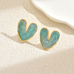 Зеленый Серьги-гвоздики в форме сердца из нержавеющей стали, золотые, зелёные, 24.3x22.6 мм