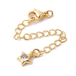 Настоящее золото 18K Удлинитель цепочки из латуни с микропаве и прозрачным кубическим цирконием, цепочки с застежками-карабинами и подвесками в виде звездочек, реальный 18 k позолоченный, 75 мм, отверстие : 2.7 мм