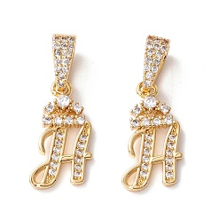 Letter H Кулоны из экологически чистой латуни с микропаве и кубическим цирконием, долговечный, реальный 18 k позолоченный, без кадмия и без свинца, буквы, letter.h, 16~20x7~11.5x1.5~2.2 мм, отверстие : 6.5x3.5 мм