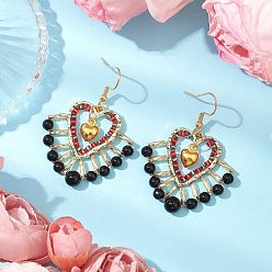 Black Onyx Стекло бисер мотаться серьги, с 304 крючками для сережек из нержавеющей стали и натуральным черным ониксом, сердце, золотые, 48.5x35.5 мм