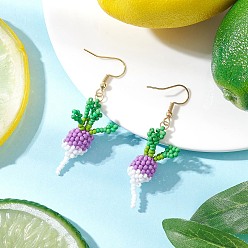 Фиолетовый 304 серьги-подвески в форме морковки из стеклянных бусин из нержавеющей стали, золотые, фиолетовые, 55.5x10.5 мм