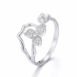 Platinum Anti-Tarnish Rhodium Plated 925 Sterling Silver Cuff Rings, Design Ring Mounts Fittings with Pearl Seat, For Half Drilled Beads, with Cubic Zirconia, Flower, Platinum, Size 7, 17mm, Tray: 4.5mm, Pin: 0.8mm