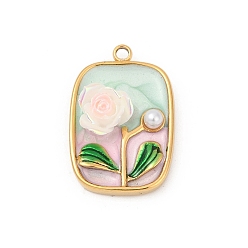 Rectangle 304 нержавеющей стальной эмали подвески, с отделкой из искусственного жемчуга из смолы и АБС, ионное покрытие (ip), реальный 18 k позолоченный, цветок, прямоугольные, 23.5x15.5x6 мм, отверстие : 1.8 мм