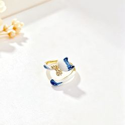 Blue Brass Micro Pave Cubic Zirconia Cuff Open Rings, Cat Shape, with Enamel, Golden, Blue, 15~20mm